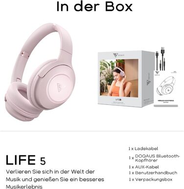 Бездротові навушники DOQAUS Bluetooth з тривалим часом роботи (70 год), Over-Ear, Bluetooth 5.4, Hi-Fi стерео, 3 режими EQ, для подорожей/телефону/ПК (Рожеві)