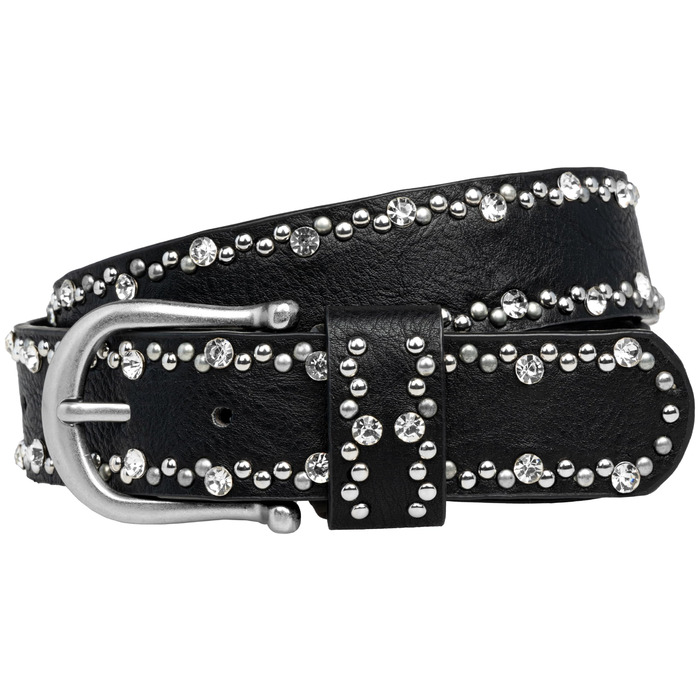 Жіночий ремінь Caspar GU292 з декором стразами та заклепками, чорний (75 см, обхват талії 68-76 см)