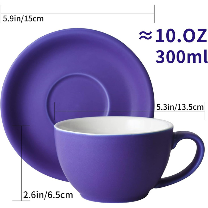 Набір кавових чашок каппучіно Yundu 4 шт. по 300 мл – керамічні чашки з блюдцями, матова палітра темних відтінків для латте-арт та бариста, великий набір мока чашок та блюдцят у змішаних матових кольорах