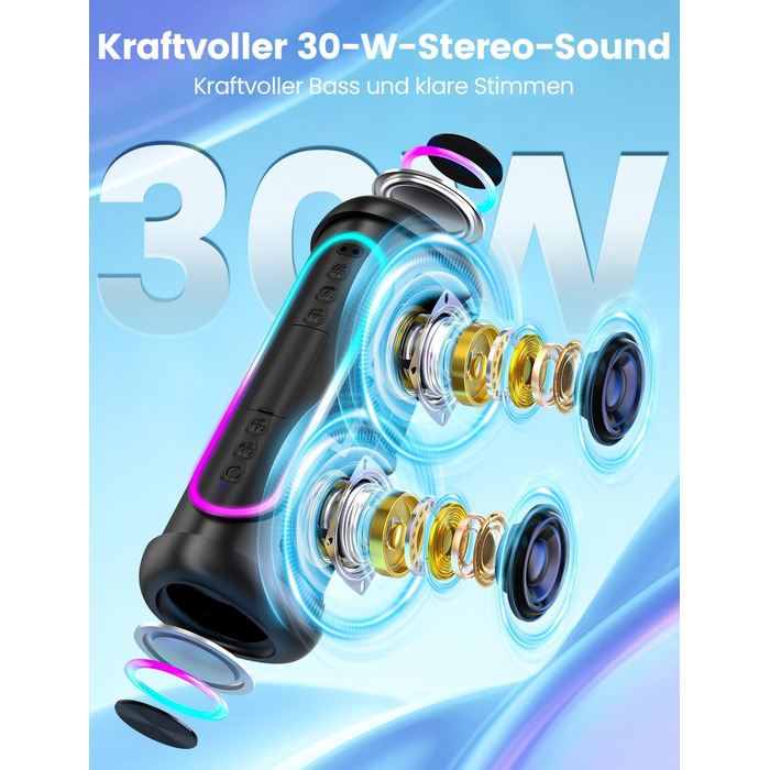 Портативна Bluetooth колонка UOHHBOE 30W з RGB підсвічуванням, TWS Stereo, 24 години роботи, IPX5 водонепроникність