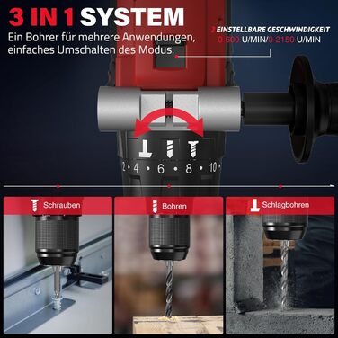 Акумуляторний дриль-шуруповерт SundpeyPRO 21V з перфоратором, 120 Нм, безщітковий двигун, комплект з 2 x 4000mAh акумуляторами, 20+3 ступені крутного моменту, LED-підсвітка
