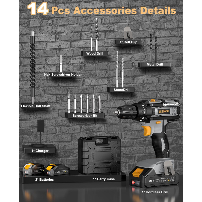 Акумуляторний шуруповерт LEEIKOO 21V, 42N.m, 2.0Ah, 10mm, 18+1, 20шт, LED, сірий