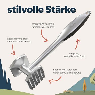 Преміум Fleischklopfer (м'ясорубка) з цинкової сплави з матовим хромом - для відбивання шніцелів та м'яса, придатний для миття в посудомийній машині. Ідеальний подарунок для кулінарії.