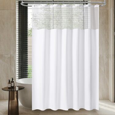 Водонепроникна штора для душу з льоном та вікном (183x183 см), біла - 12 гачків з нержавіючої сталі, утяжелений край, тканинна штора для ванни, машинне прання