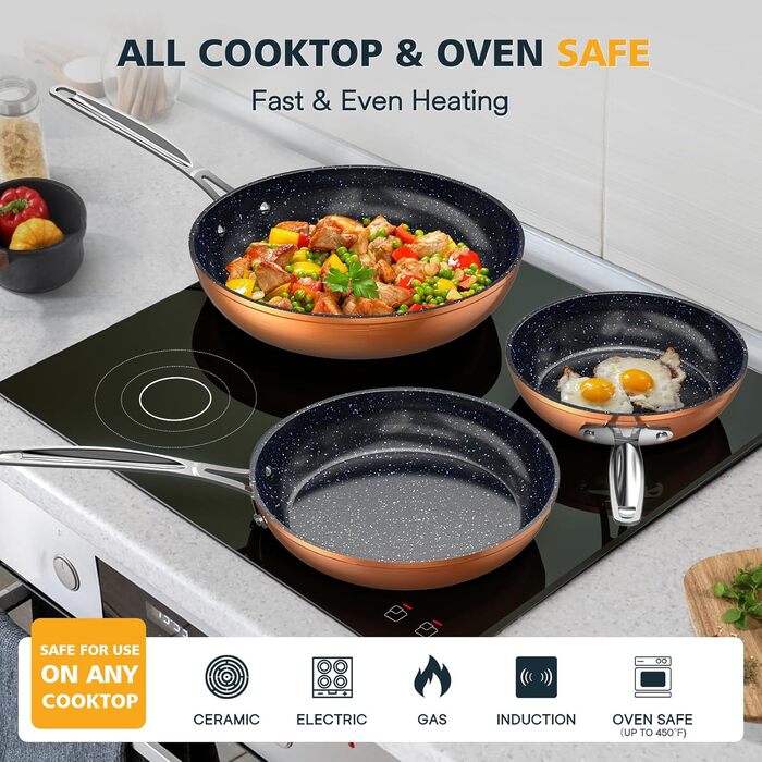 Набір сковорідок Nuwave 3 шт. з нержавіючої сталі, ковані, легкі, 20.3 см, 25.4 см, 30.5 см, покриття G10 Healthy Duralon Blue Ceramic Ultra Antihaft, ергономічні ручки, індукційні, антипригарні, рустикальне мідне покриття