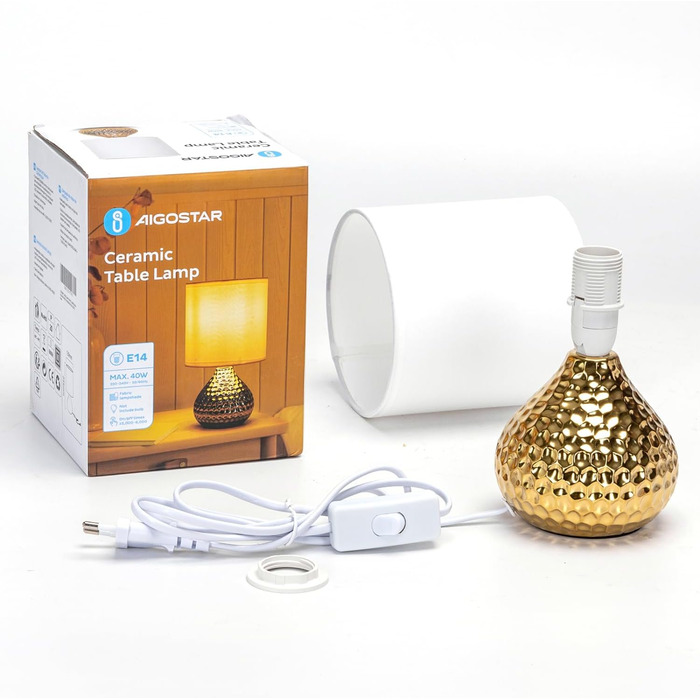 Лампа настільна Aigostar керамічна, вінтажна з абажуром з тканини, патрон E14, max.40W, сучасна, нічник для спальні, вітальні, офісу (без лампочки) - H235mm, золото - H23.5cm