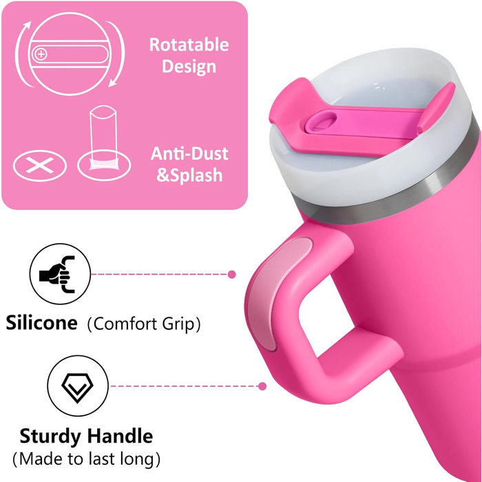 Термокружка ZAKVOP 410мл з трубочкою, кришкою та ручкою, рожева | Термокружка для кави та напоїв на виніс