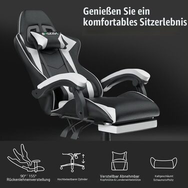 Ігрове крісло Bigzzia Gaming Stuhl ергономічний геймерський стілець з підставкою для ніг, білий