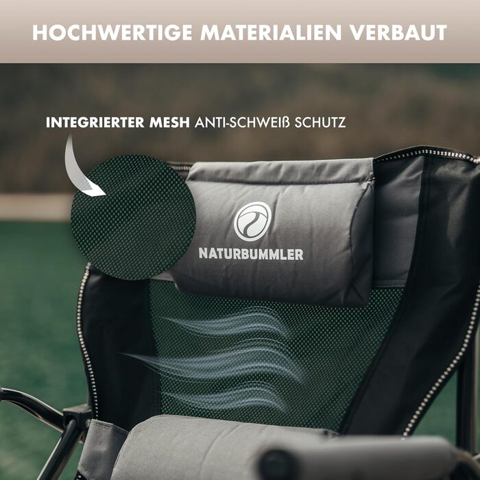Складний туристичний стілець NATURBUMMLER® Cloud Sit+ сірого кольору – 150 кг, дихаюча сітка, висока спинка, для кемпінгу, риболовлі, саду та відпочинку на природі