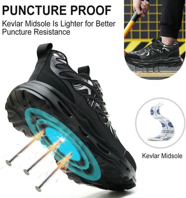 Черевики безпеки для чоловіків та жінок. Робочі черевики зі сталевим підноском. Легкі, спортивні, антипрокольні, чорного кольору (38-42 EU)