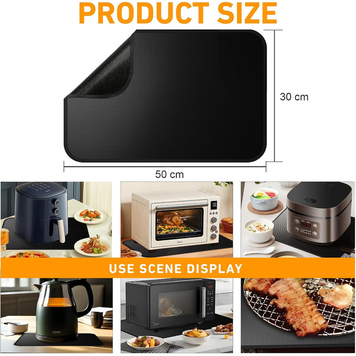 Термостійкий килимок під фритюрницю, кавомашину, плиту. 50x30 см, чорний. Силікон, неслизький, водонепроникний