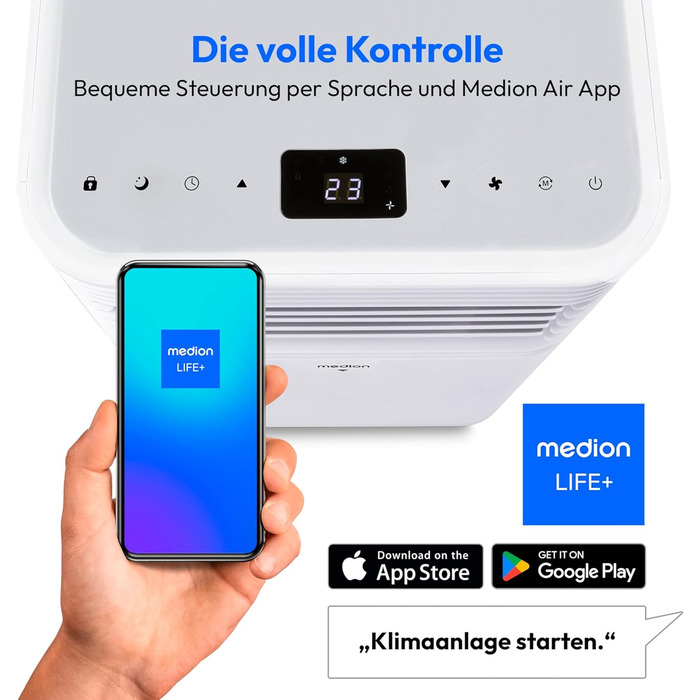 Мобільний кондиціонер MEDION E701 (7000 BTU) з випускним шлангом, для приміщень до 25м², 3-в-1 (охолодження, осушення, вентиляція), з пультом дистанційного керування та режимом сну, MD 37730