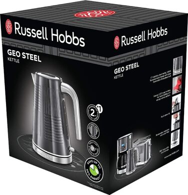 Тостер Russell Hobbs Geo з нержавіючої сталі сірого кольору (2 слоти, підставка для булочок, 6 рівнів підсмажування, функції розморожування та підігріву, швидка технологія підсмажування, 1640W)