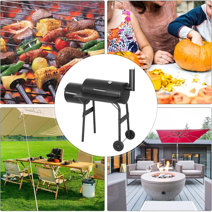 Гриль на вугіллі з кришкою Griller Outdoor, металевий гриль-вагон із колесами та робочою поверхнею, чорний садовий гриль для кемпінгу