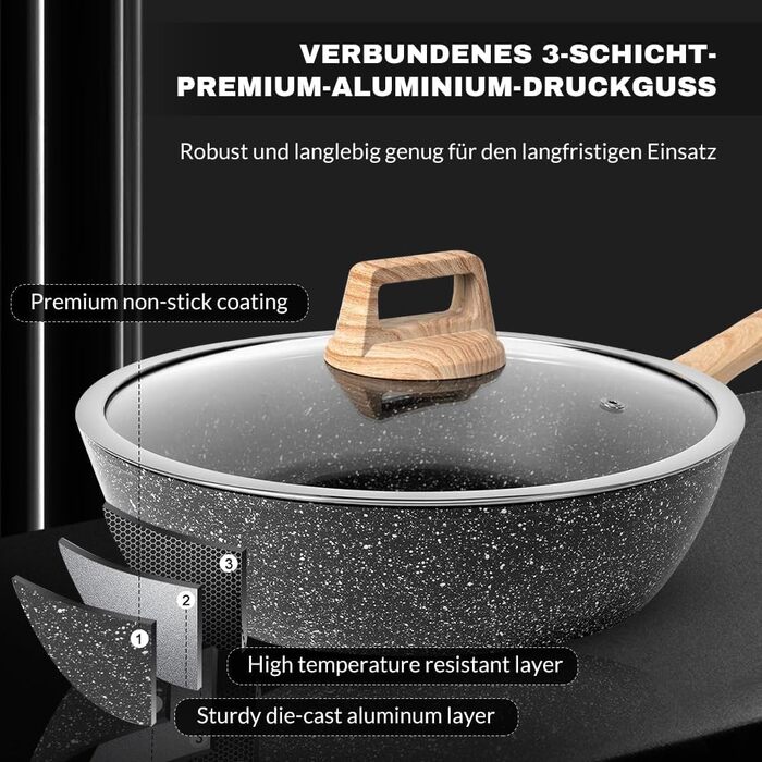 Набір каструль та сковорідок MDHAND з антипригарним покриттям, 12 предметів, чорний граніт, індукційне дно, без PFOA та PFOS