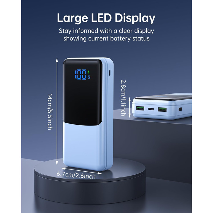 Power Bank Coblob 27000mAh з LED дисплеєм, 3 виходи та 2 входи, USB-C 30W, блакитний