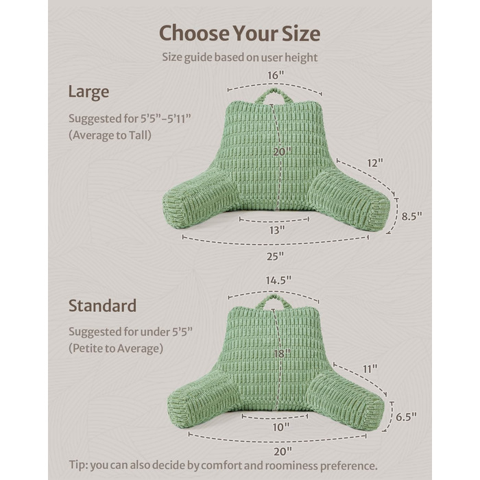 Подушка-крісло Blissful Diary для читання, з пінополіуретаном Memory Foam, для дорослих та дітей, для ліжка та дивана, з підлокітниками, кишенями та знімним чохлом, салатовий