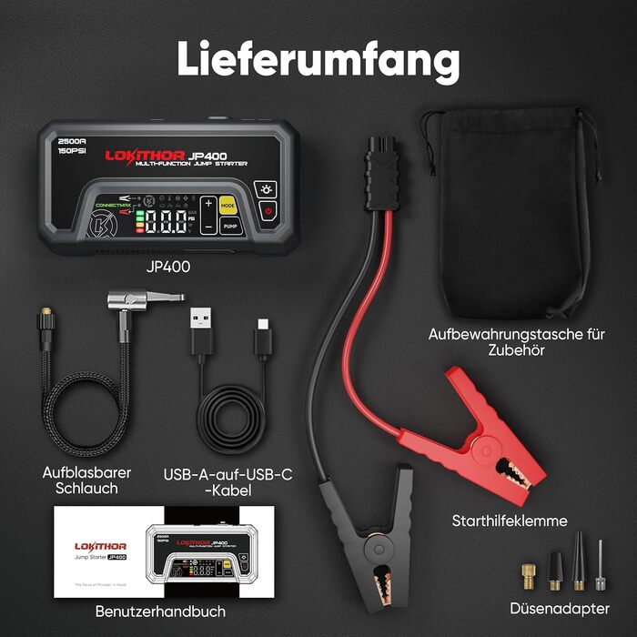 Пусковий пристрій LOKITHOR JP400 Jump Starter Powerbank 2500A з компресором 150 PSI для автомобіля