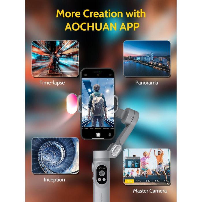 Стабілізатор для смартфона AOCHUAN з 3 осями, для iPhone 16/15 Pro та Android, з розпізнаванням обличчя, 1/4