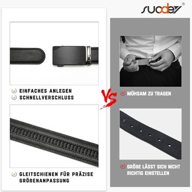 Чоловічий шкіряний ремінь Suosdey з автоматичною пряжкою, 35 мм, чорний, регульований, для джинсів та бізнес-casual стилю, обхват талії 87-105 см