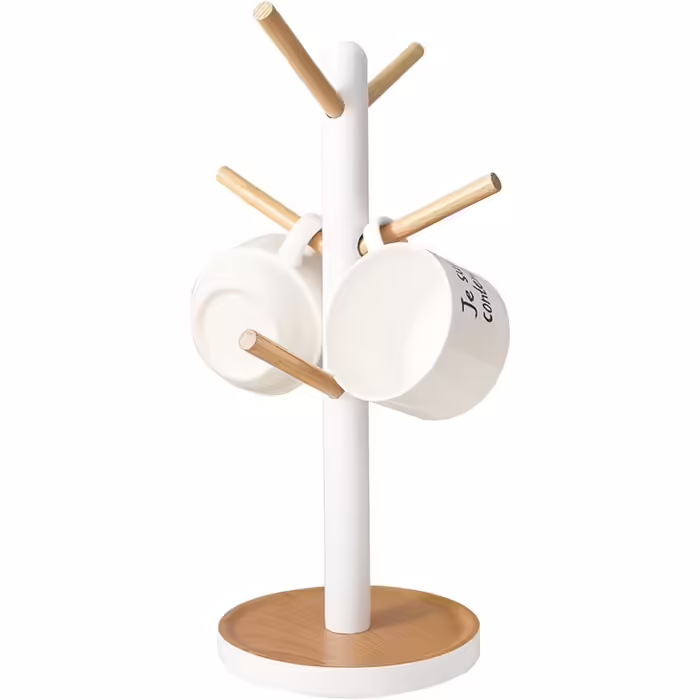 Removable Wooden Tree Cup Shelf, Coffee Cup Holder for Coffee, Tea, Mug, Display Stand, Coffee Bar Accessories with 6 Hooks (white)