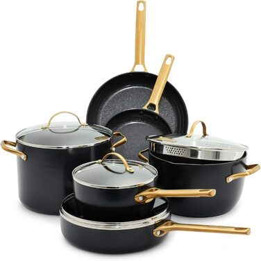 GreenPan Reserve Harteloxierte healthy ceramic non-stick coating, 10-piece cookware set, pots and pans set, gold-colored handle, PFAS-free, dishwasher safe, oven safe, black