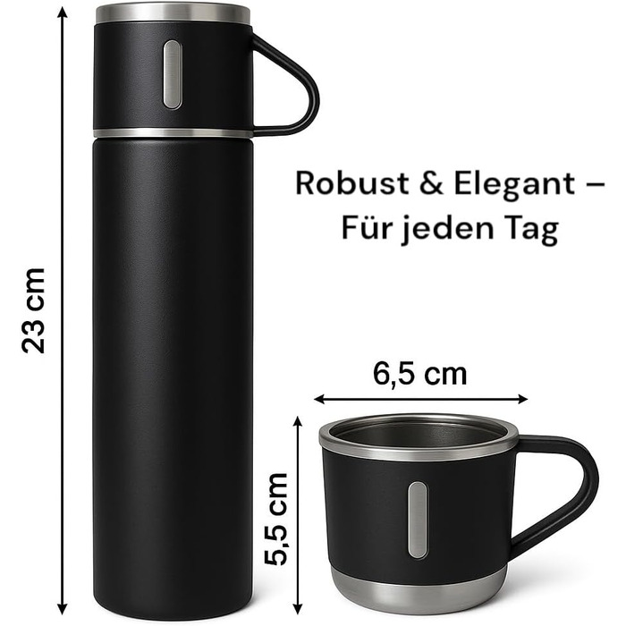 Термофляга 500 мл з нержавіючої сталі – 2 чашки з ручкою – без витоку, BPA-free – з щіткою для чищення – колір: чорний