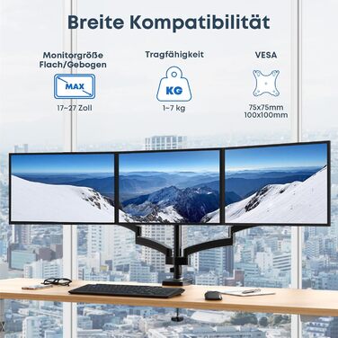 Кронштейн для 3 моніторів WORLDLIFT Premium Aluminium, регульований тримач для LED LCD екранів 17'-27', настільний, навантаження 7 кг на плече, VESA 75/100 мм, чорний