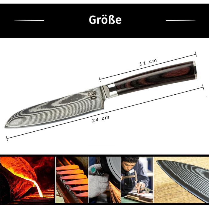 Ніж Santoku ZEUß з дамаської сталі (24 см) - професійний кухонний ніж з дамаської сталі 67 шарів, з точильним каменем, дерев'яною ручкою, захистом леза та подарунковою коробкою (сірий)