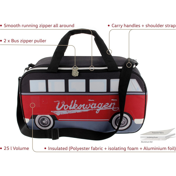 VW Collection - Volkswagen Hippie Bus T1 Camper Van Cooler Bag 25L (Red/Black)