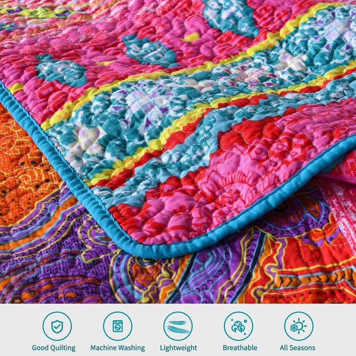 Qucover Boho Bedspread 220x240cm Duvet Cover for Double Bed Quilted Blanket with 2 Pillows Indian Style Boho-3 220x240cm+50x75cm x2