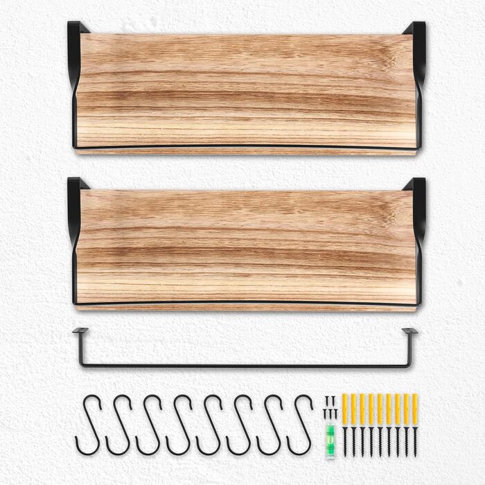 Настінна полиця з дерева, 2 шт. у наборі, рустикальний стиль, з тримачем для рушників, світло-коричневого кольору, для спальні, вітальні, ванної кімнати, кухні, офісу