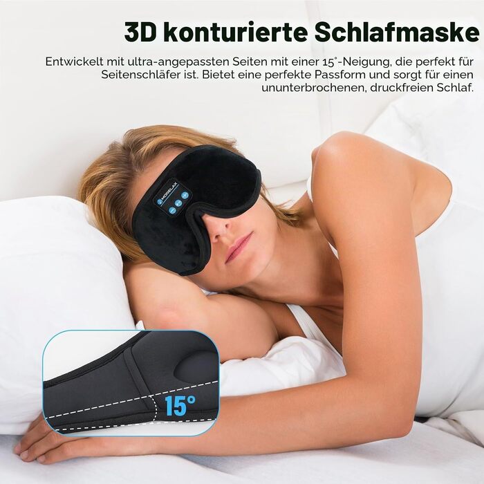 Маска для сну з Bluetooth навушниками 3D, бездротова маска для очей для комфортного сну на боці/спині, чорні навушники для сну