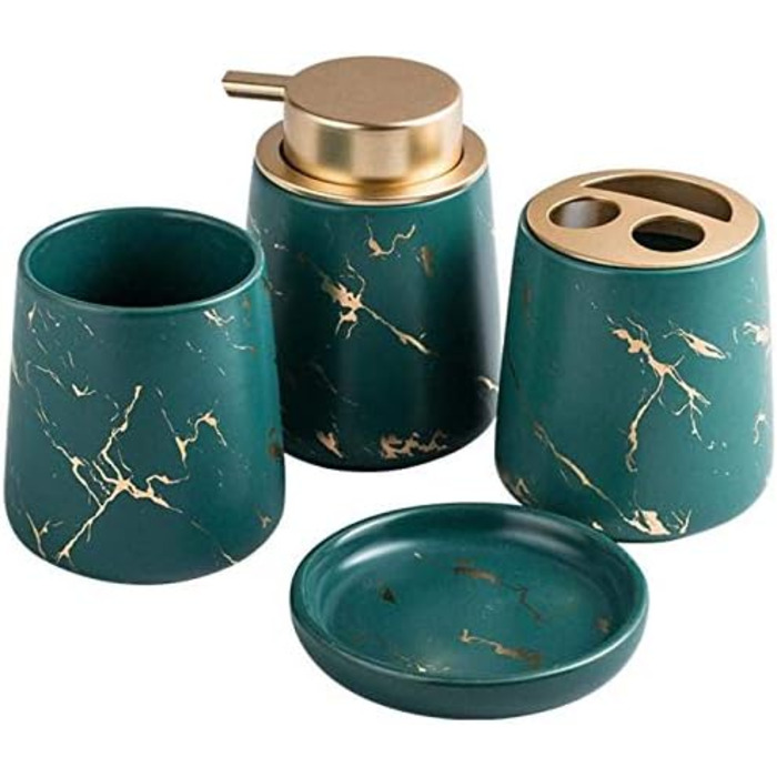 Набір аксесуарів для ванної кімнати з кераміки, 4 шт. (темно-зелений), набір для ванної кімнати, себорегулятор, тримач для зубних щіток, мильниця, мармурова текстура