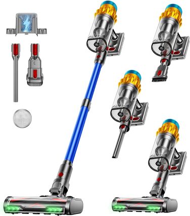 Бездротовий акумуляторний пилосос 600W з потужністю всмоктування 50KPA, 70 хвилин роботи, великий пилозбірник 1,8L, антизаплутана щітка, 8-рівнева фільтрація, підходить для твердих поверхонь, килимів та шерсті тварин, колір - блакитний