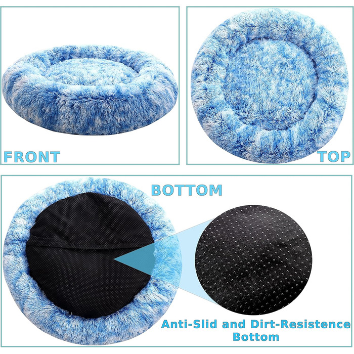 Крісло-гніздо для собак XXXL, кругле, знімний та пральний чохол, антистрес, штучне хутро, м'яке, комфортне, блакитне (115см)