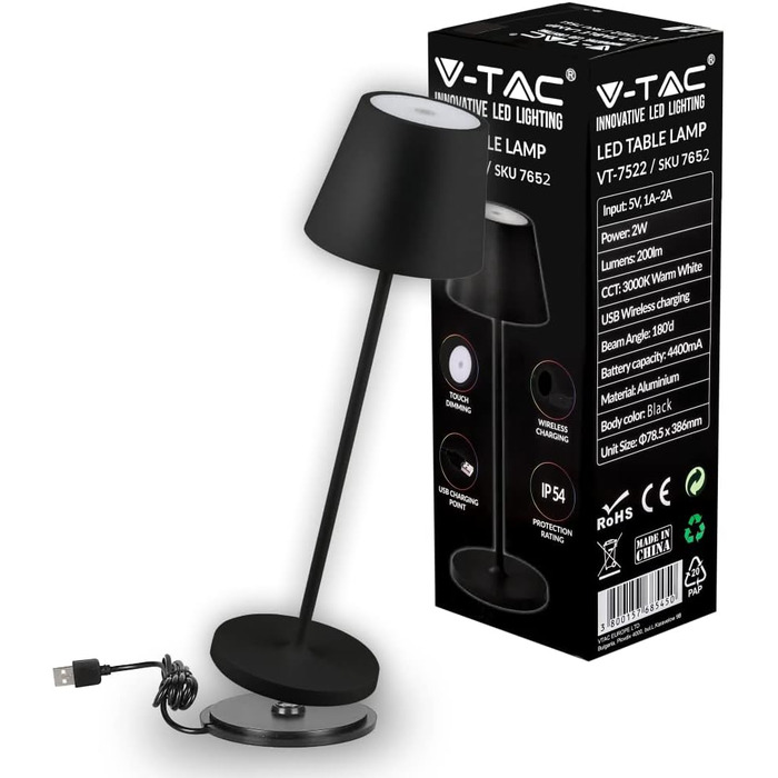 LED-лампа настільна V-TAC VT-7522 чорна з бездротовим живленням, сенсорне керування, акумулятор 4400 mAh, IP54, 3000K, 2W (для дому та вулиці)