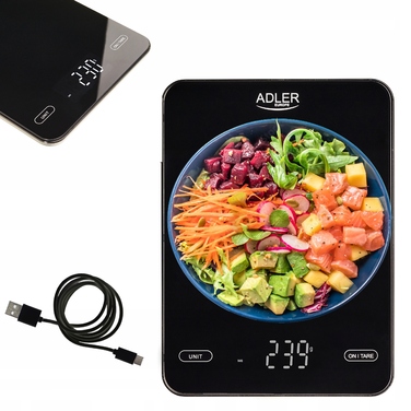 Кухонний ваги Adler, чорні, 10 кг, з USB-зарядкою