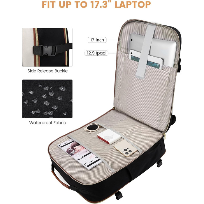 Рюкзак LOVEVOOK для ручної поклажі літака, 40L, водонепроникний, для ноутбука 17 дюймів, для подорожей, школи, роботи, кемпінгу, чоловічий/жіночий, бежевий+чорний+коричневий