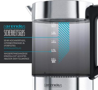 Електричний чайник Arendo з регулюванням температури, 1.5 л, скло, нержавіюча сталь, підтримання тепла 30 хв, Borosilikatglas, сучасний дизайн