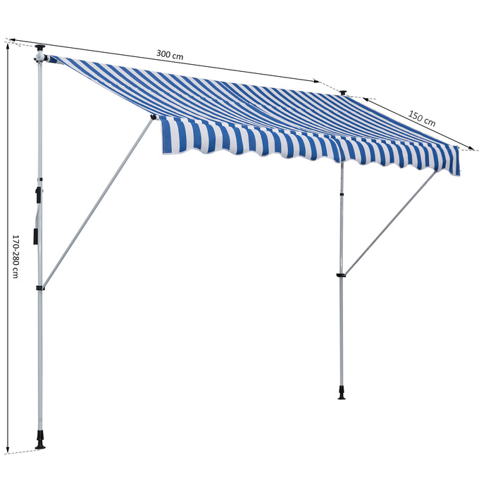 Markiza Outsunny з ручною кришкою, Ш300 x Г150 x В170-280 см, регульована по висоті, маркіза стійка до погодних умов, водонепроникна, алюмінієва, поліестер, синьо-біла