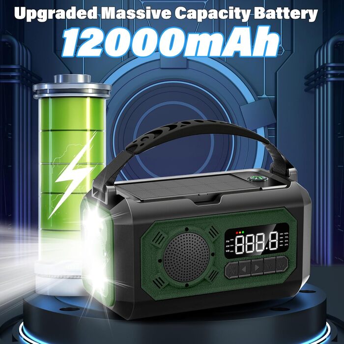Радіо на сонячних батареях та ручному заводі 12000mAh з USB зарядкою, ліхтариком, компасом, NOAA, AM/FM - аварійне радіоприймач