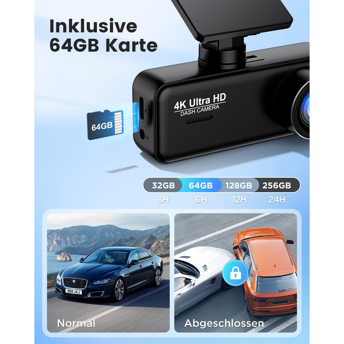 Відеореєстратор SIGRILL Dashcam Auto 4K+1080P з Wi-Fi, двоканальний, з карткою 64GB, нічне бачення, паркувальний режим, G-сенсор, запис по колу, підтримка до 256GB