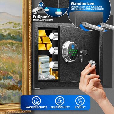 Електронний сейф KESSER® з відбитком пальця та замком | З резервним акумулятором | Сейф для підлоги, стіни, меблів | Чорний | 3-х болонцева замикання