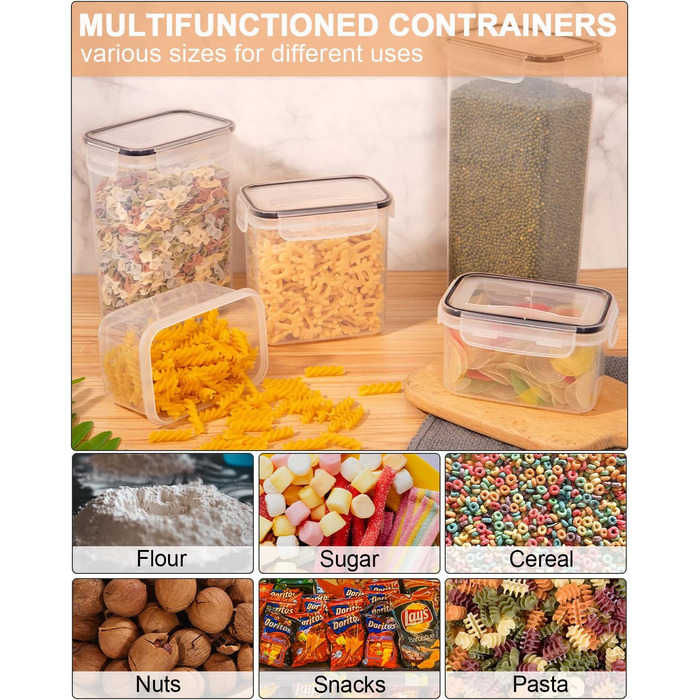 Набір контейнерів для зберігання продуктів 25 елементів (9x0.8L + 6x1.4L + 5x2L + 5x2.8L), герметичні, з кришкою, для кухні, органайзер, пластик, для спагеті, борошна, мюслі, кукурудзяних пластівців