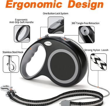 Висувна собача шлейка, 9.1 м, для середніх та великих собак до 35 кг, міцна, не заплутується, розмір L, чорна