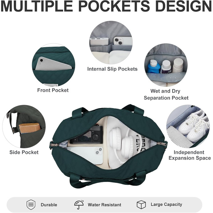 Спортивна сумка для жінок, дорожня сумка-дуфіль, фітнес-сумка, дорожня сумка-валіза, водонепроникна, з кульбакою та сумочкою для мокрих речей, бежева (F8-pfauenblau), з розширенням та кульбакою