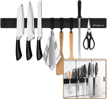 Improved 50cm Trhillsbrad Magnetic Knife Strip, 50cm Magnetic Knife Holder with 3 Hooks, Stainless Steel Knife Rail, Self-Adhesive, Black Wall Mount Magnetic Strip, No Drilling Knife Holder