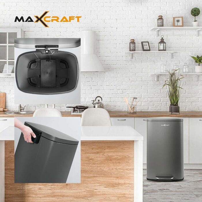Сталевий відро для сміття з педаллю, 50 літрів, з внутрішнім відром з пластику, з м'яким закриттям, для кухні, ванної кімнати або офісу, сірий колір