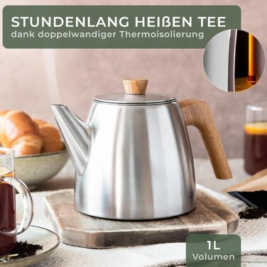 WALDWERK Teapot with Infuser - Teapot Thermal Double-Walled - Teapot with Strainer made of 304 Stainless Steel - Tea Maker with Genuine Oak Wood Handles - Tea Pot 100% Drip-Free